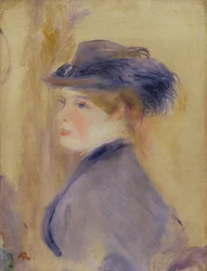 Frau in Blau mit einem Federhut, ca. 1875